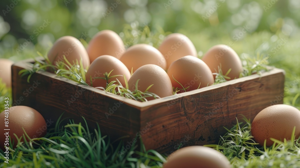 Fresh Chicken Eggs In A Wooden Tray After Being Laid In A Pile Of Grass, Evoking A Rustic, Countryside Feel Fresh Chicken Eggs In A Wooden Tray After Being Laid In A Pile Of Grass, Evoking A Rustic, Countryside Feel