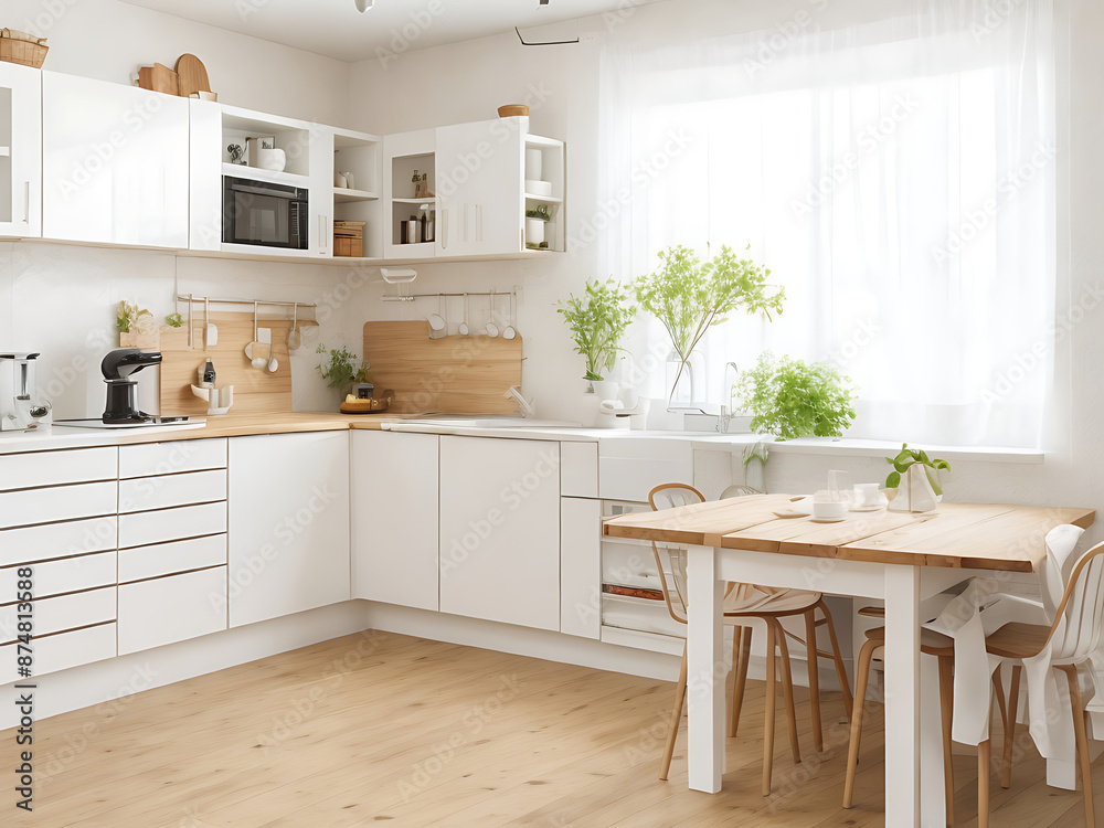 banner of a kitchen with kitchen table and breakfast at the kitchen counter top white cupboards and wooden floor banner of a kitchen with kitchen table and breakfast at the kitchen counter top white cupboards and wooden floor