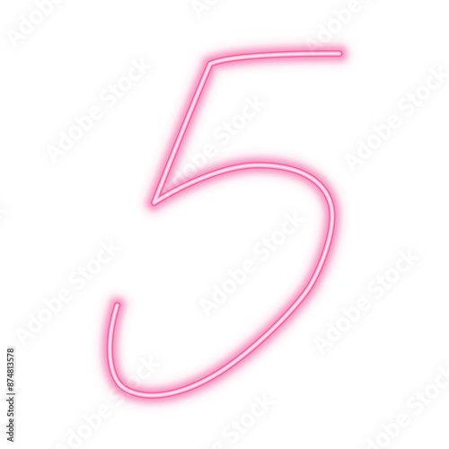 Illustration of neon number. Pink luminous number 5 isolated on transparent background.