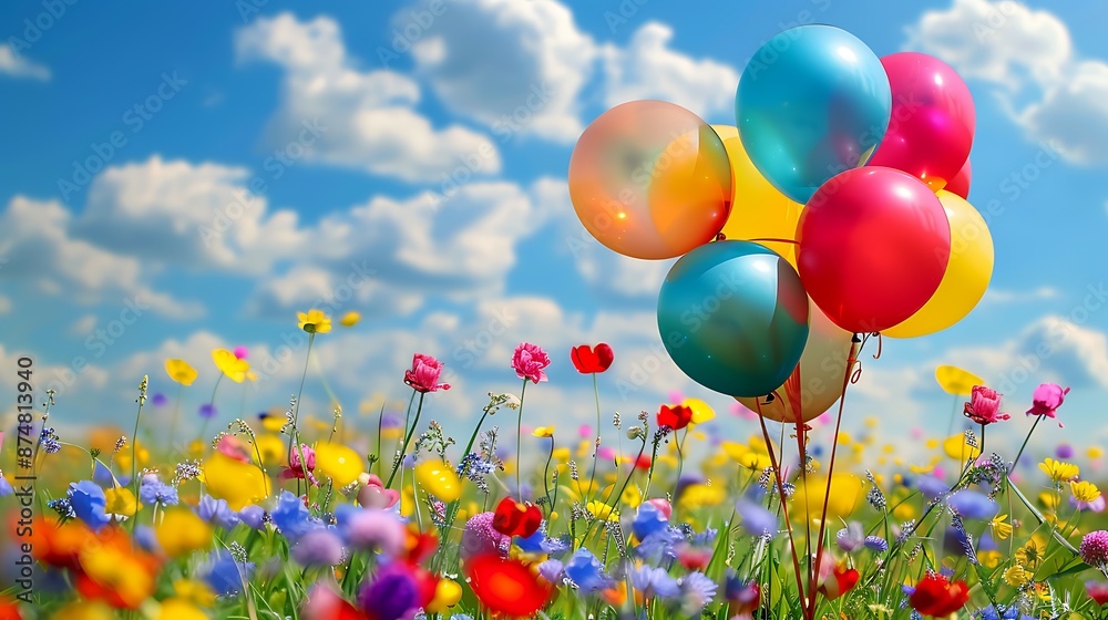 Spring party with colorful balloons in spring flower field Spring party with colorful balloons in spring flower field