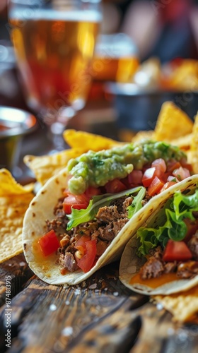 Tasty Taco and Chips with blurred Bar Background