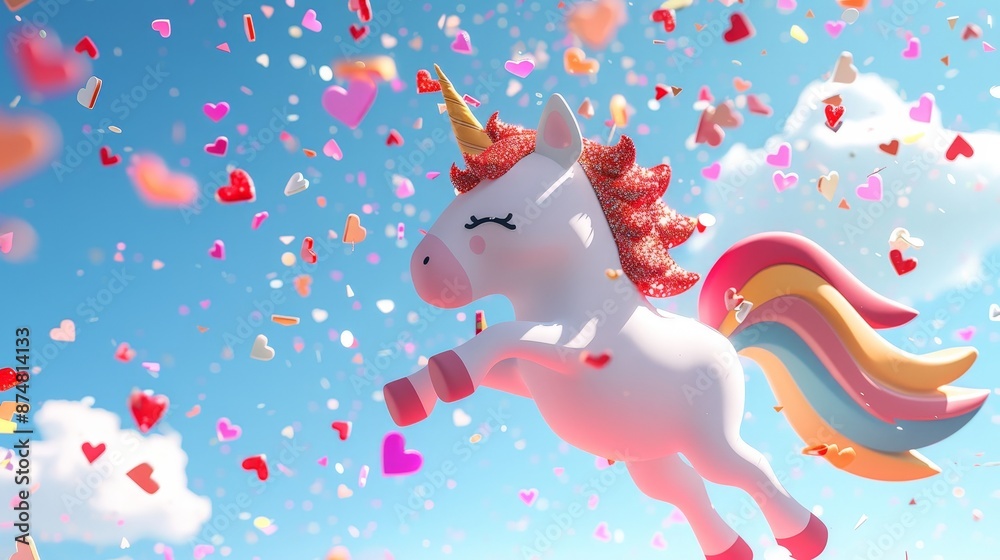 Obraz premium Create a 3D, cute unicorn with a glittery, rainbow mane, prancing through a sky filled with heart-shaped clouds and Valentine's Day confetti.