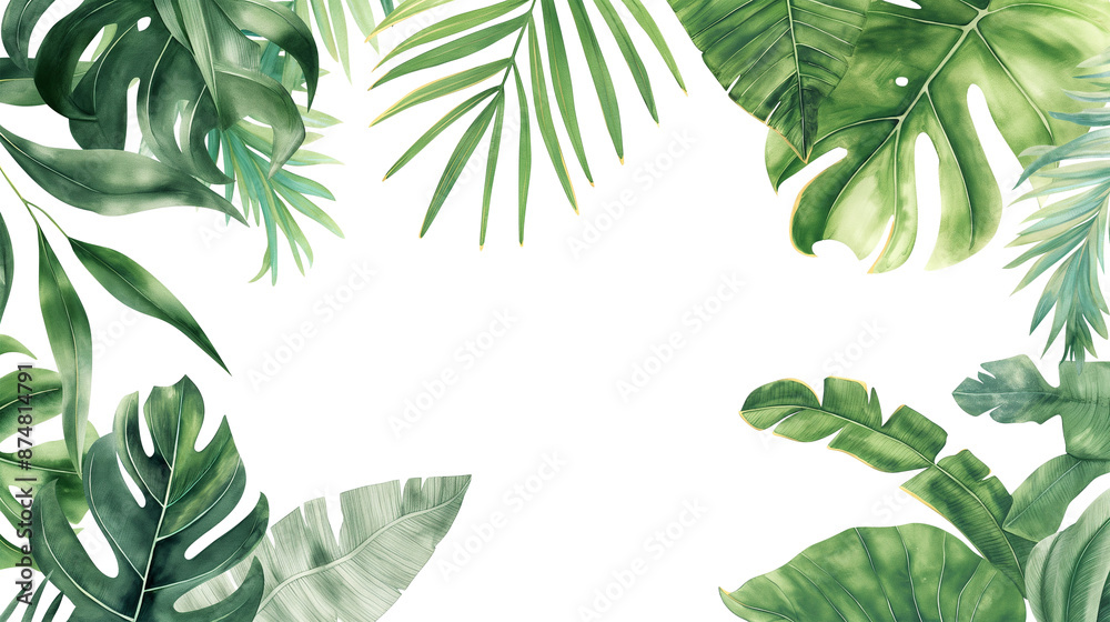 Naklejka premium Watercolor banner tropical leaves and branches isolated on a transparent background