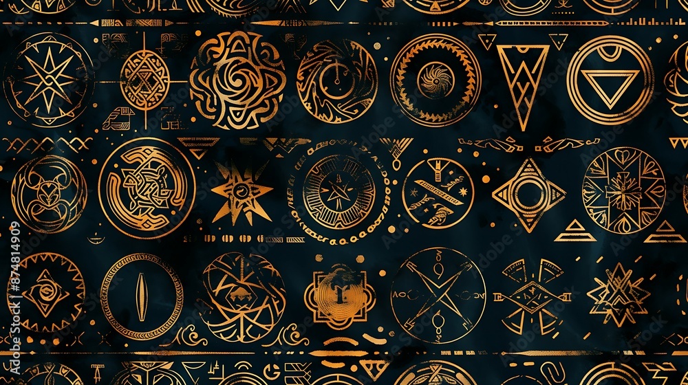 Naklejka premium Seamless pattern illustration background featuring mystical runes and symbols