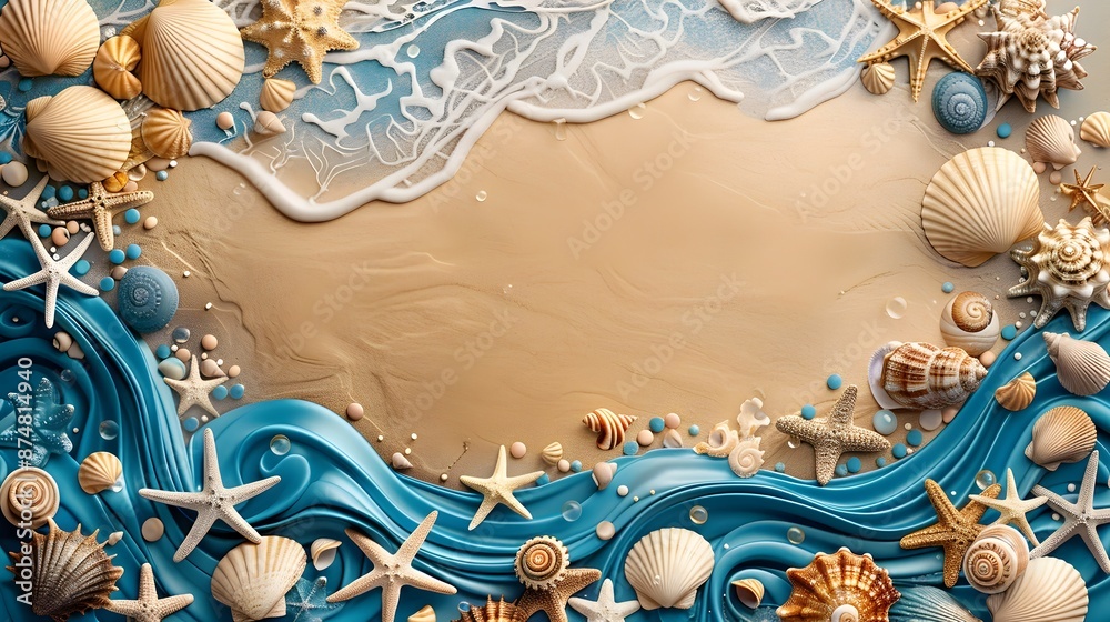 Naklejka premium Calming ocean themed frame with seashells and waves on sandy beach background vector concept copy space