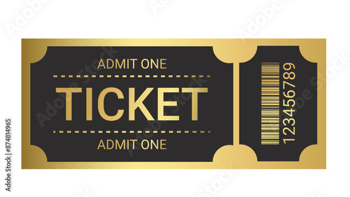 Golden ticket on the black background. For cinema, party, club, festival, event. Vector illustration.