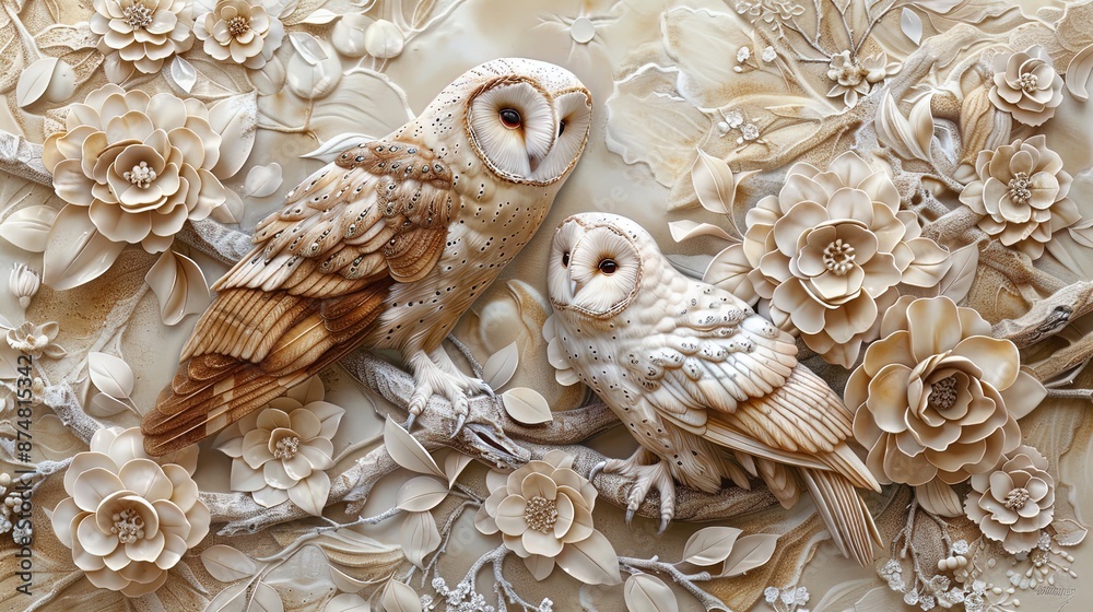 Two owls surrounded by detailed beige floral relief sculpture. Art concept for design and print. Two owls surrounded by detailed beige floral relief sculpture. Art concept for design and print.