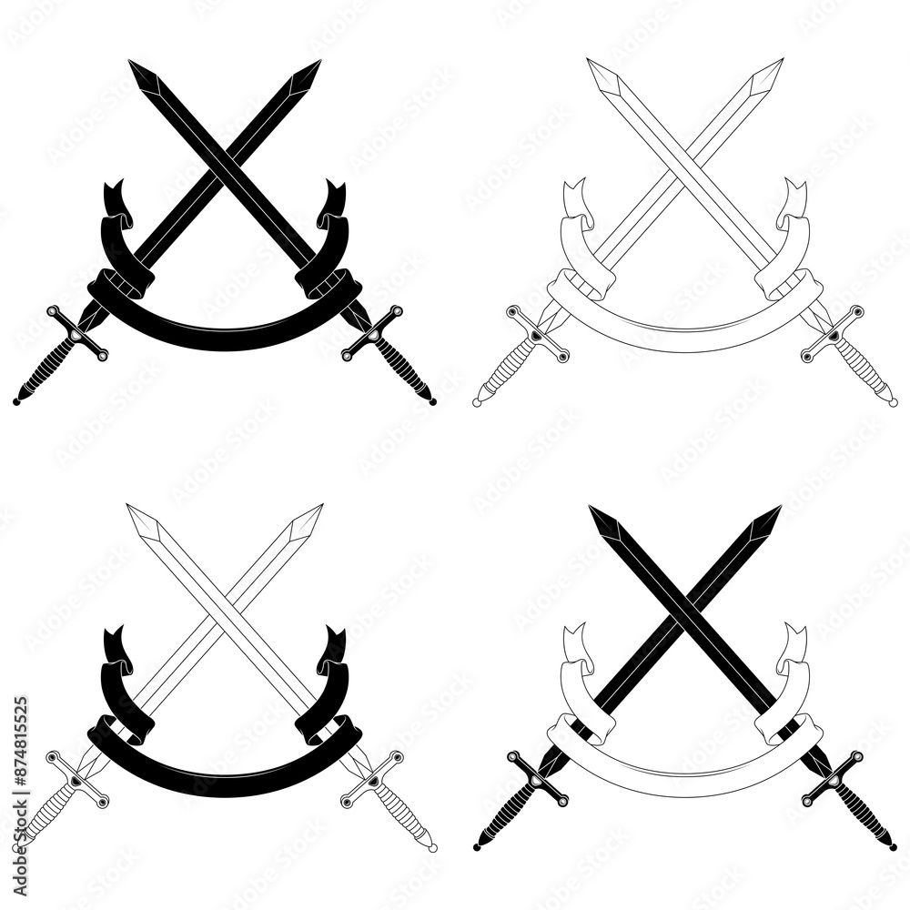 Medieval swords surrounded by heraldic ribbon Medieval swords surrounded by heraldic ribbon