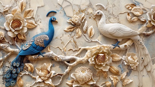 Blue and white peacocks surrounded by detailed beige floral relief sculpture. Art concept for design and print.