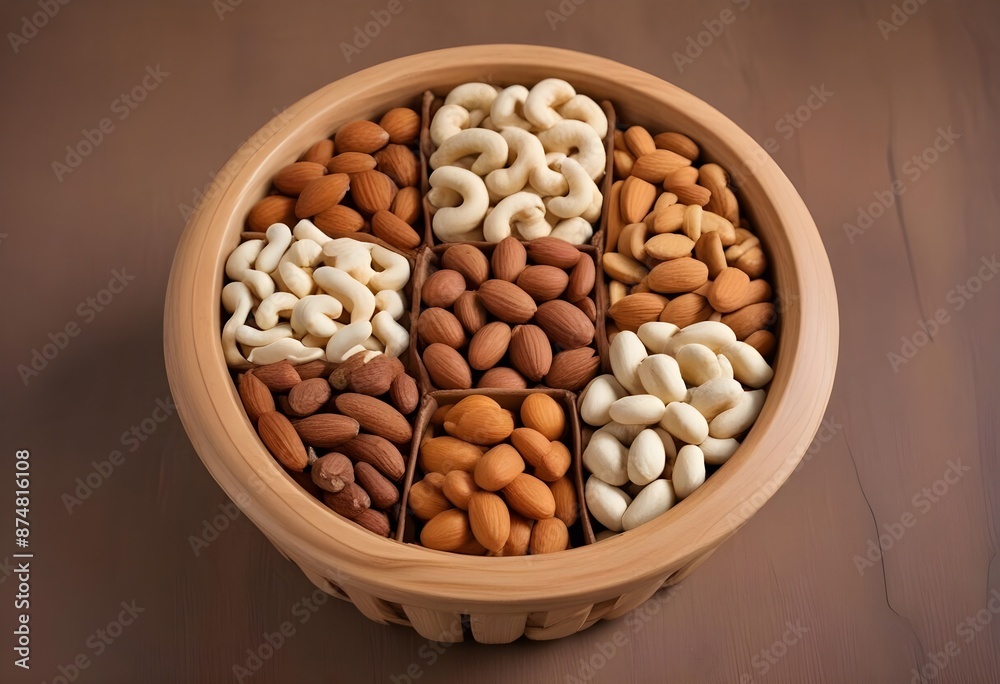 Beautiful wooden basket filled with dry fruits Beautiful wooden basket filled with dry fruits