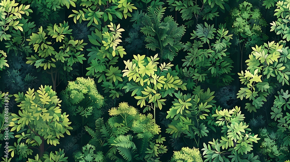 Seamless pattern background of a lush forest scene with a dense canopy of trees