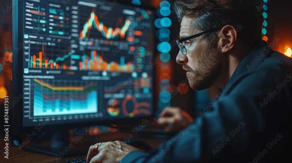 A focused professional analyzing graphs and financial data on dual monitors in a high-tech office environment.