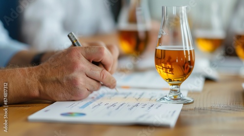 A professional is taking notes while having a beer.