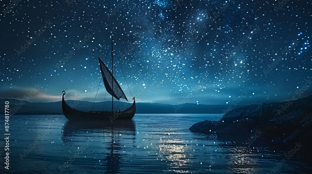 Naklejka premium Sailboat cuts through blue ocean waves under a starry night sky