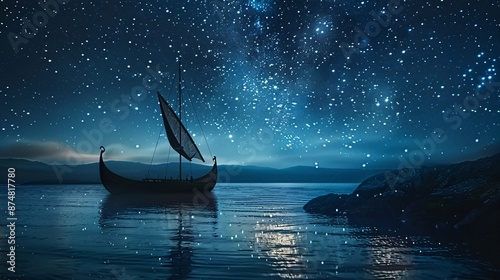 Sailboat cuts through blue ocean waves under a starry night sky