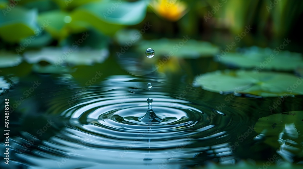 Tranquil Water Drop Ripples Amid Lily Pads in Peaceful Pond Setting Tranquil Water Drop Ripples Amid Lily Pads in Peaceful Pond Setting