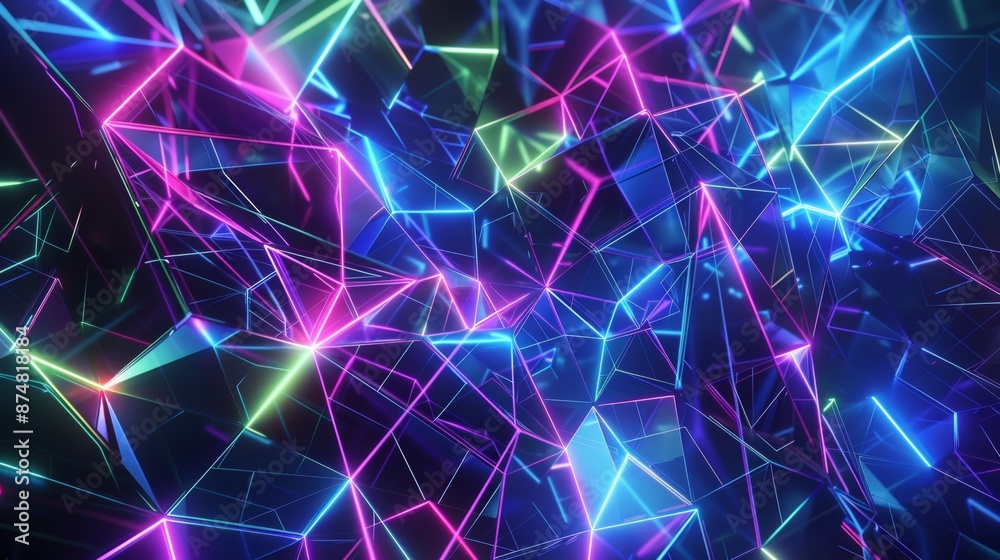 Fototapeta premium Digital prismatic triangles morph into holographic hexagons, and neon lines trace intricate patterns across the screen. with shades of electric blue, laser green