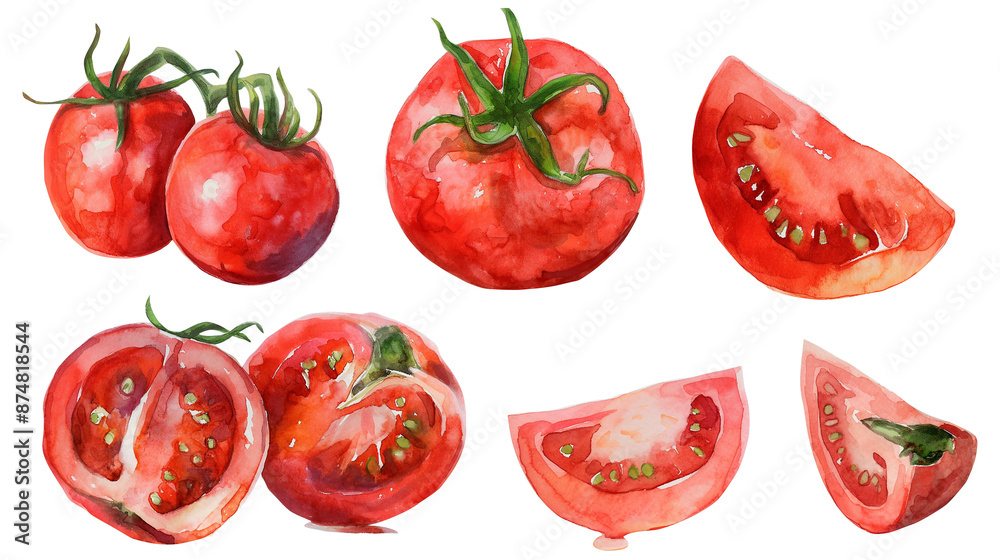A bright watercolor collection of plants, red tomatoes in different positions, and a slice of tomato isolated on a transparent background A bright watercolor collection of plants, red tomatoes in different positions, and a slice of tomato isolated on a transparent background