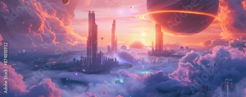 Futuristic city above clouds at sunset with distant planets, blending scifi fantasy with ethereal beauty AIG59 photo