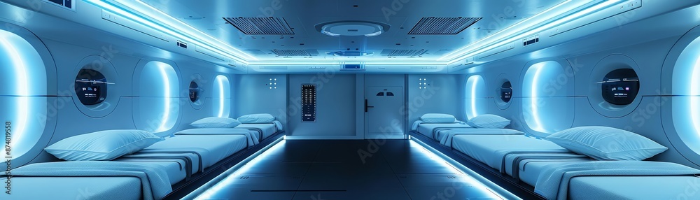 Futuristic capsule hotel room with neon blue lighting, minimalistic design, sleek metallic surfaces, cyberpunk, 3D render Futuristic capsule hotel room with neon blue lighting, minimalistic design, sleek metallic surfaces, cyberpunk, 3D render