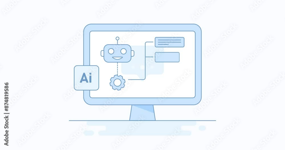 Ai chat bot offers business solutions. Ai robot chat bot giving text answer on desktop computer monitor screen. 2d animation video Ai chat bot offers business solutions. Ai robot chat bot giving text answer on desktop computer monitor screen. 2d animation video