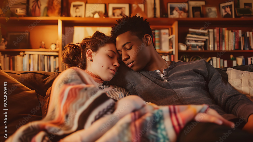 Serene LGBT+ Couple Cuddling on Cozy Couch in Warm Living Room Surrounded by Memories Serene LGBT+ Couple Cuddling on Cozy Couch in Warm Living Room Surrounded by Memories