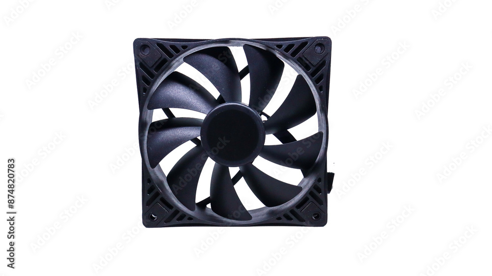 A black computer cooling fan isolated on a white background. It features a black plastic frame, blades, and a central hub. The fan is designed to cool computer components and prevent overheating. A black computer cooling fan isolated on a white background. It features a black plastic frame, blades, and a central hub. The fan is designed to cool computer components and prevent overheating.