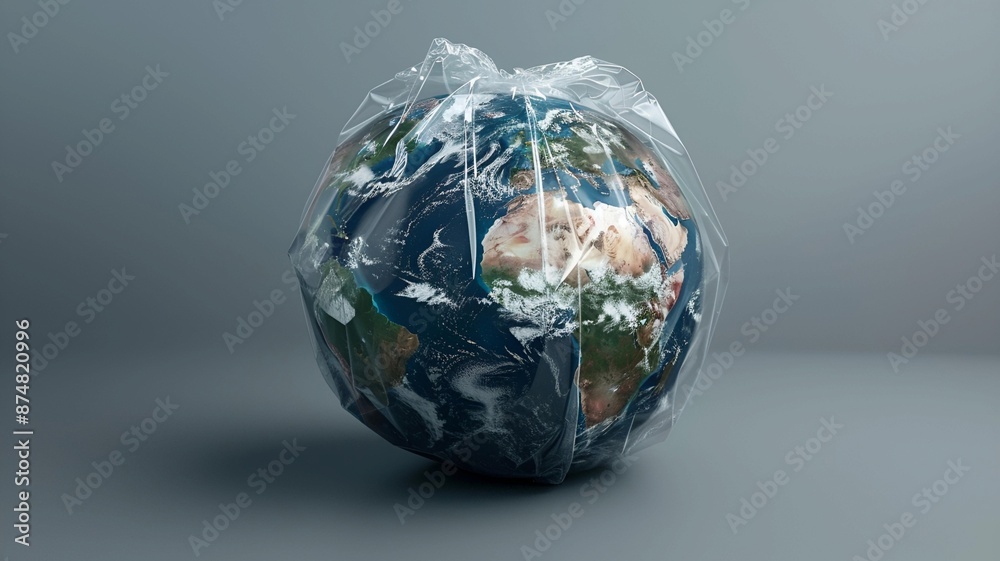 Polythene plastic bag covered earth globe isolated on gray background 