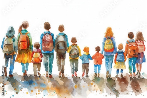 Group of people with backpacks. Watercolor illustration of diverse people with backpacks.