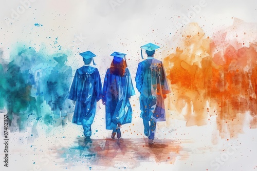 watercolor painting of three people in graduation gowns walking away