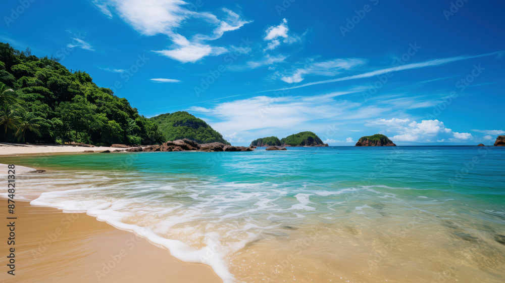 Obraz premium A serene paradise beach at midday, showcasing the bright blue sky