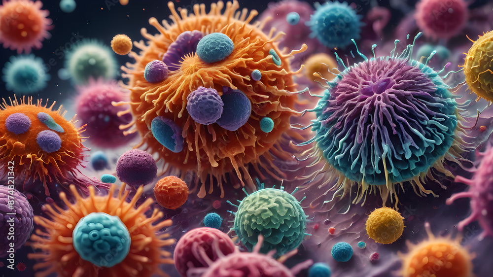 Close-up, highly detailed images of various cells, bacteria, or viruses showcasing their intricate structures and vibrant colors. Close-up, highly detailed images of various cells, bacteria, or viruses showcasing their intricate structures and vibrant colors.