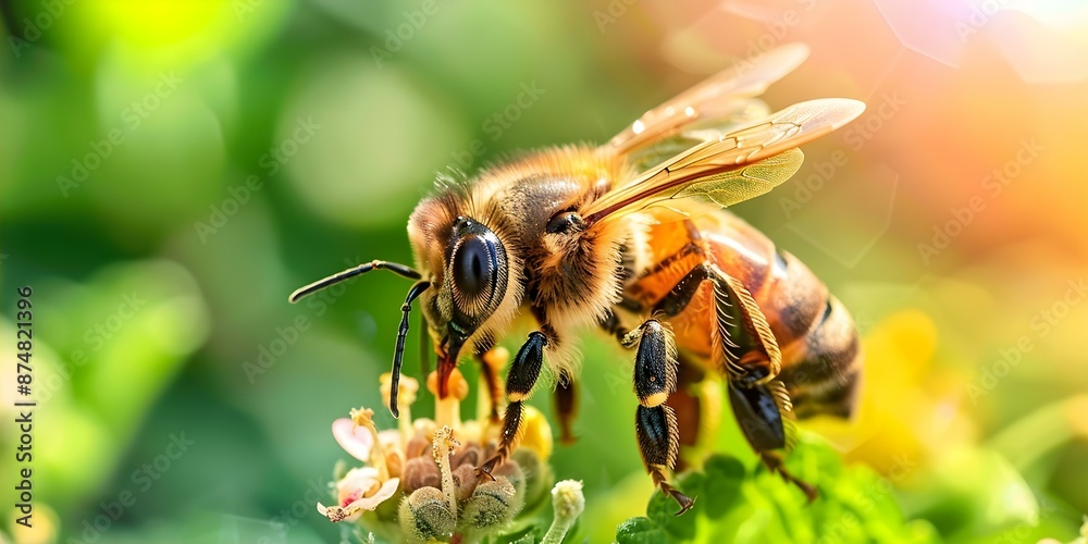 Macro Shot of a Honey Bee Gathering Pollen with a White Background. Concept Macrophotography, Honey Bee, Pollination, White Background, Nature Macro Shot of a Honey Bee Gathering Pollen with a White Background. Concept Macrophotography, Honey Bee, Pollination, White Background, Nature