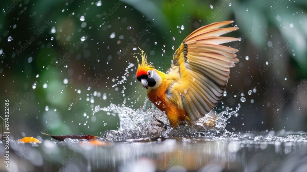 Fototapeta premium Golden Bird Splashing in Water