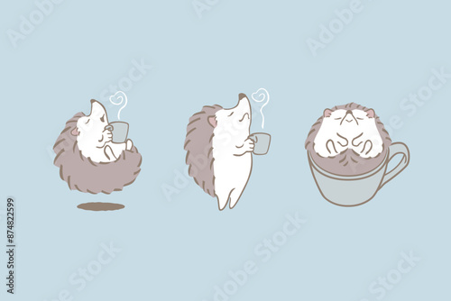 かわいいハリネズミとコーヒーのイラスト素材セット