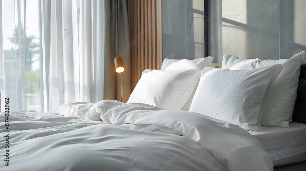 made up bedding in modern comfortable bedroom with clean white bedsheet and pillow with light from glass window, close up. made up bedding in modern comfortable bedroom with clean white bedsheet and pillow with light from glass window, close up.