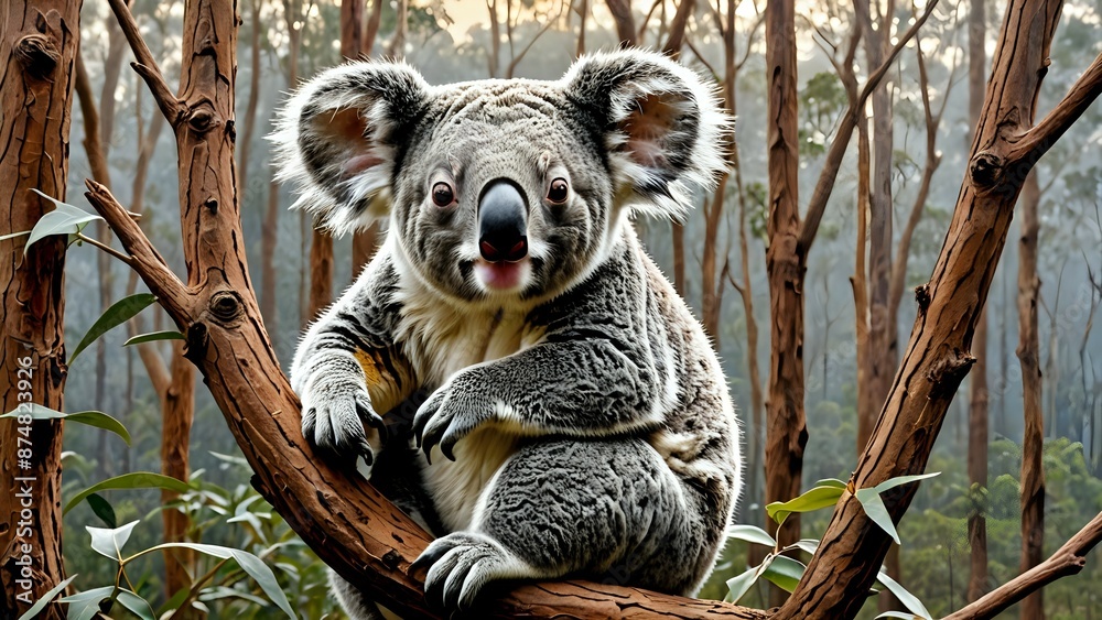 Obraz premium A cute koala sitting on a tree branch, looking directly at the camera, in a eucalyptus forest.