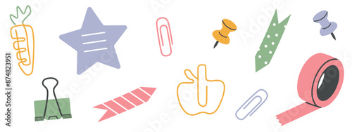 Flat set of stationery, adhesive tape, pushpin, paperclip, stickers, back to school