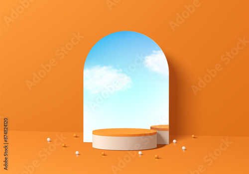 3D orange product podium background with reflect blue sky in glass arch shape. Abstract composition in minimalist design. Studio display showroom product pedestal, Fashion stage showcase mockup scene.