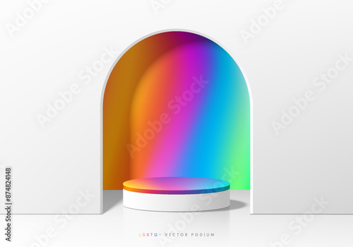 3D product podium background with pride gradient rainbow in arch gate. Abstract composition minimalist design. 3D studio display showroom LGBTQ+ product pedestal, Fashion stage showcase mockup scene.