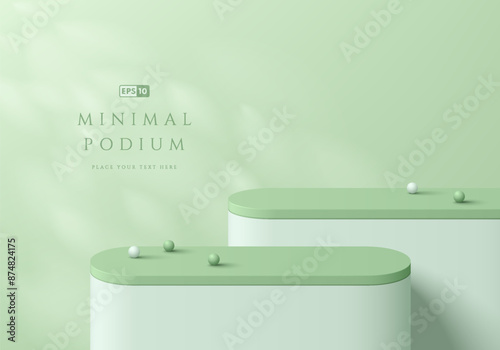 3D green round product podium background with natural light on wall. Abstract composition in minimalist design. Studio display showroom cosmetic product pedestal, Fashion stage showcase mockup scene.