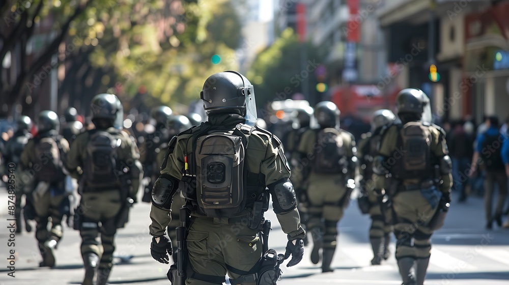 Riot police lined up in formation with tactical gear in an urban environment Riot police lined up in formation with tactical gear in an urban environment