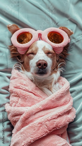 Funny Dog Enjoying a Relaxing Spa Day with a Beauty Mask, Lying on Bed, Captured from Above, Perfect for Pet Lovers and Wellness-Themed Promotions photo