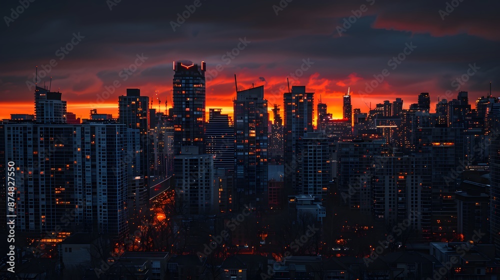 Obraz premium Glowing Orange Sunset Overlooking a City Skyline