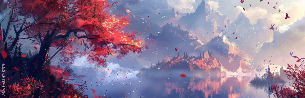 Autumnal Fantasy Landscape - A digital painting of a fantasy landscape with a tree with red leaves in the foreground, mountains, a lake, clouds, and fog in the background, with a sense of peace and tr Autumnal Fantasy Landscape - A digital painting of a fantasy landscape with a tree with red leaves in the foreground, mountains, a lake, clouds, and fog in the background, with a sense of peace and tr
