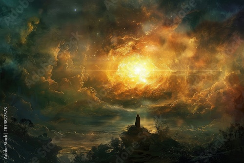 Cosmic Explosion With a Lone Figure - A lone figure silhouetted against a cosmic explosion, a dazzling display of light and color filling the sky. - A lone figure silhouetted against a cosmic explosio