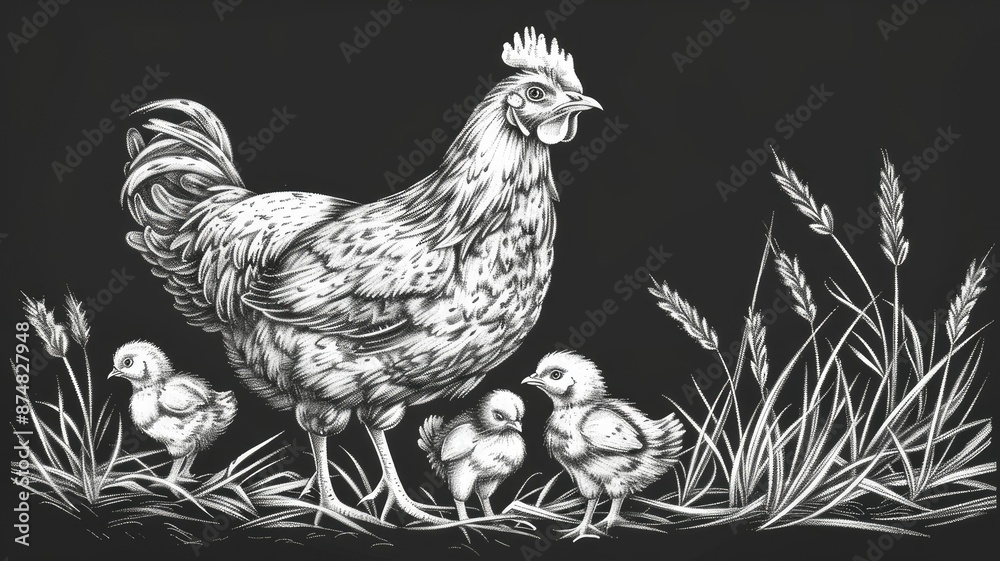 Hen and chicks illustration - A black and white illustration of a hen ...