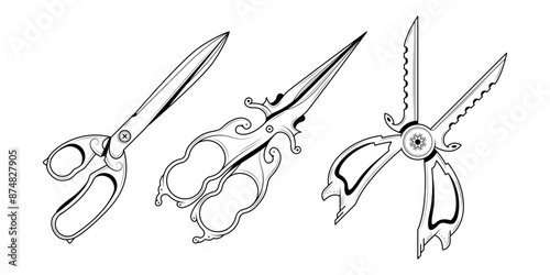 Set Abstract Collection Doodle Element Hand Drawn Scissors Haircutting Hairdresser Tool Barbershop Sketch Vector Design Style Background Illustration Cartoon