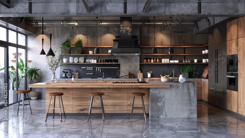 Modern Industrial Kitchen Design - A modern industrial kitchen with exposed concrete, wood cabinets, and stainless steel appliances. - A modern industrial kitchen with exposed concrete, wood cabinets,