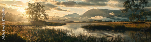 Golden Hour at the Lake - A breathtaking landscape featuring a still lake reflecting the golden hues of the setting sun, with mountains in the background and a lone tree standing tall in the foregroun